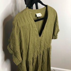 Olive Green Linen Dress with pockets